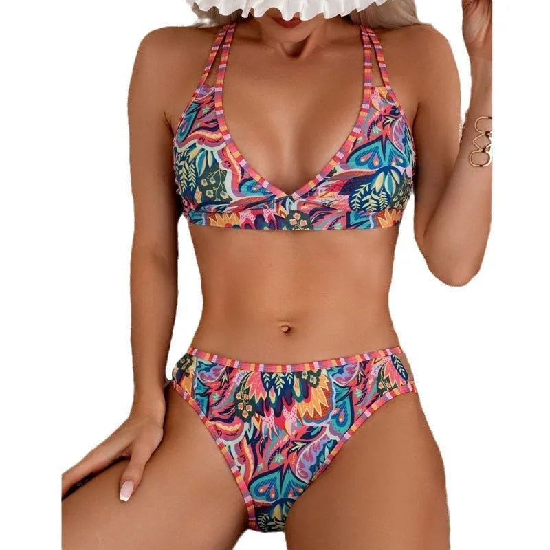 Women's printed halter beach swimsuit with mixed colours and matching tie pants
