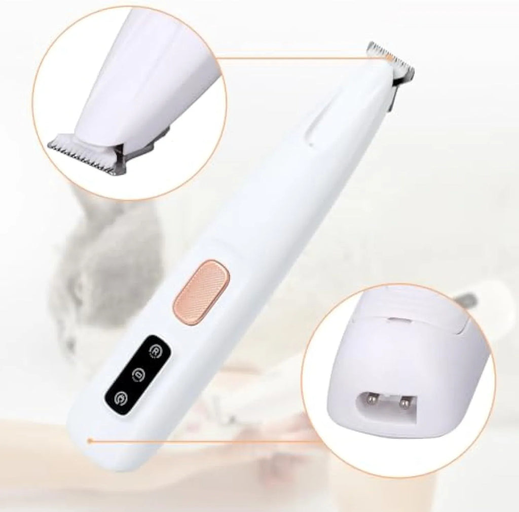 White rechargeable electric dog paw trimmer with LED light on a white background.