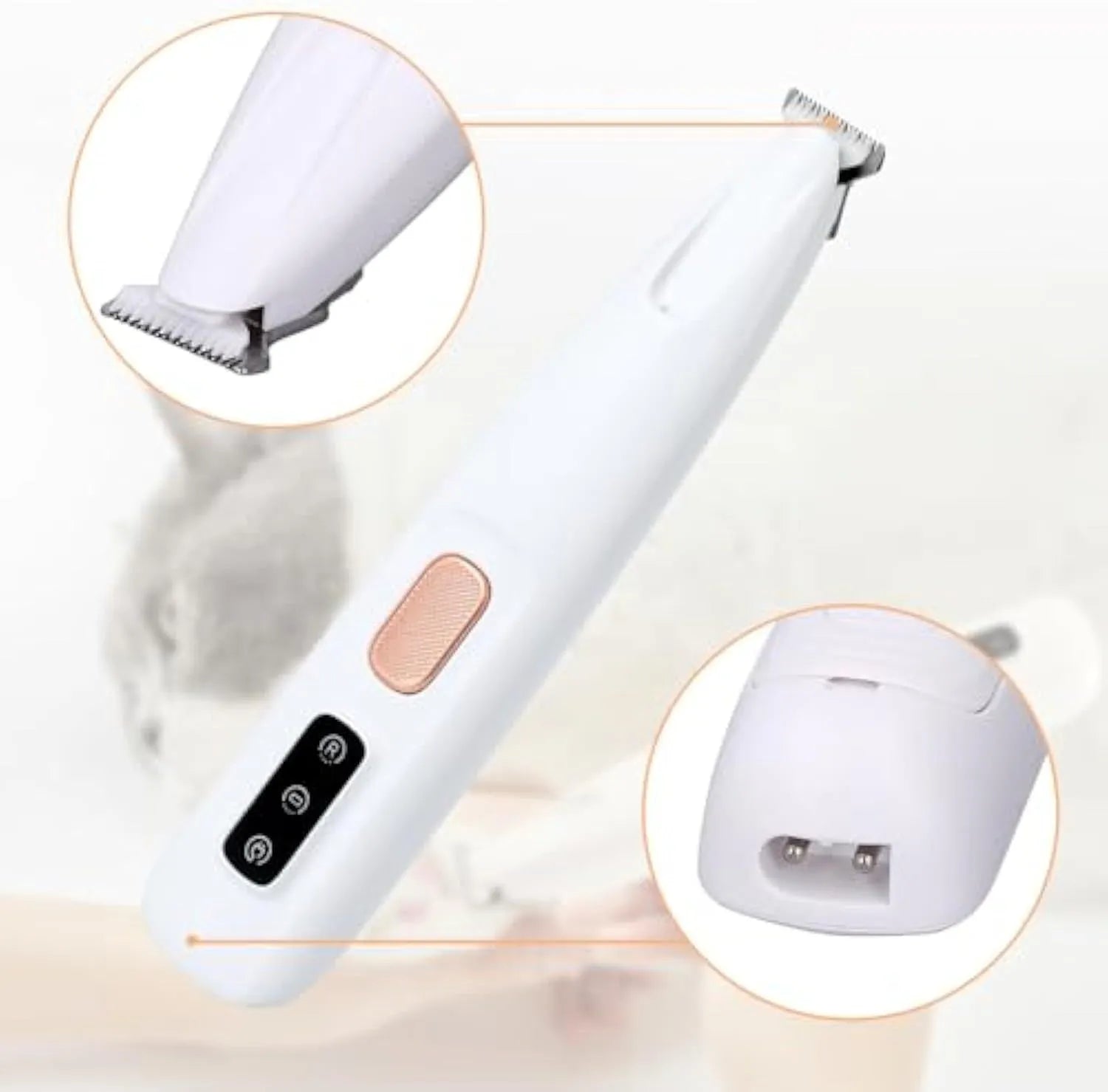 White rechargeable electric dog paw trimmer with LED light on a white background.