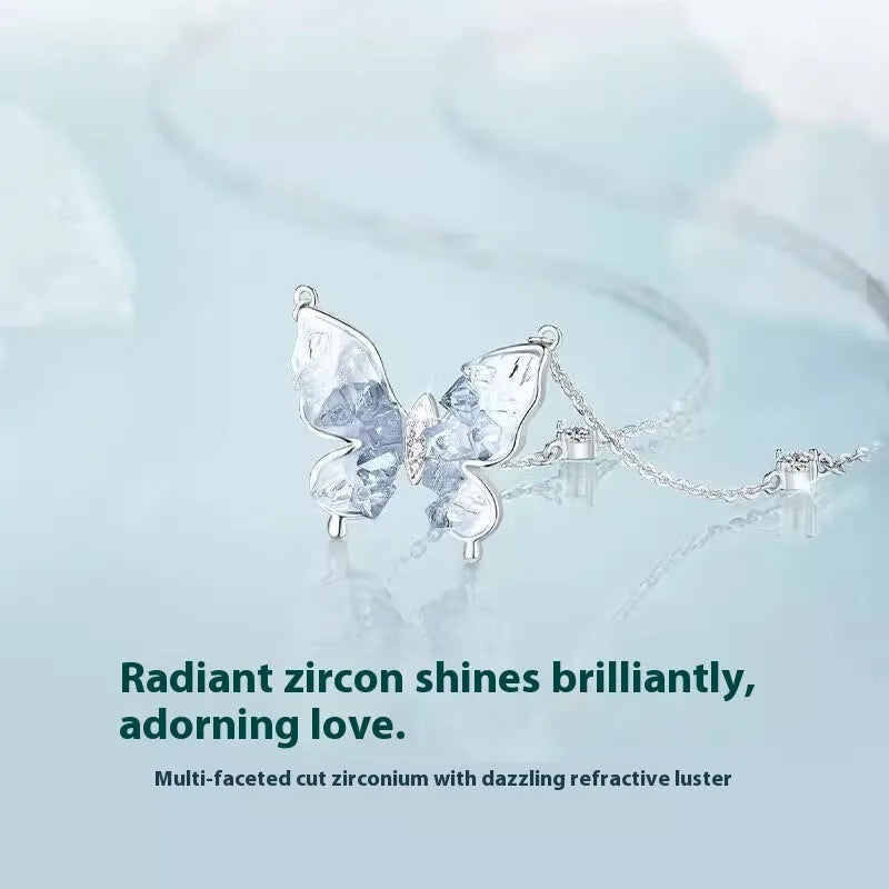 S925 silver butterfly necklace with ice rain pendant on O-ring chain, adjustable 41-50cm perimeter