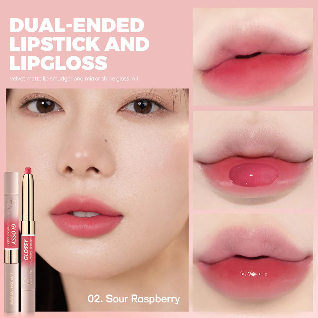 Double-headed lipstick and lip gloss set showing ten colour options with matte finish