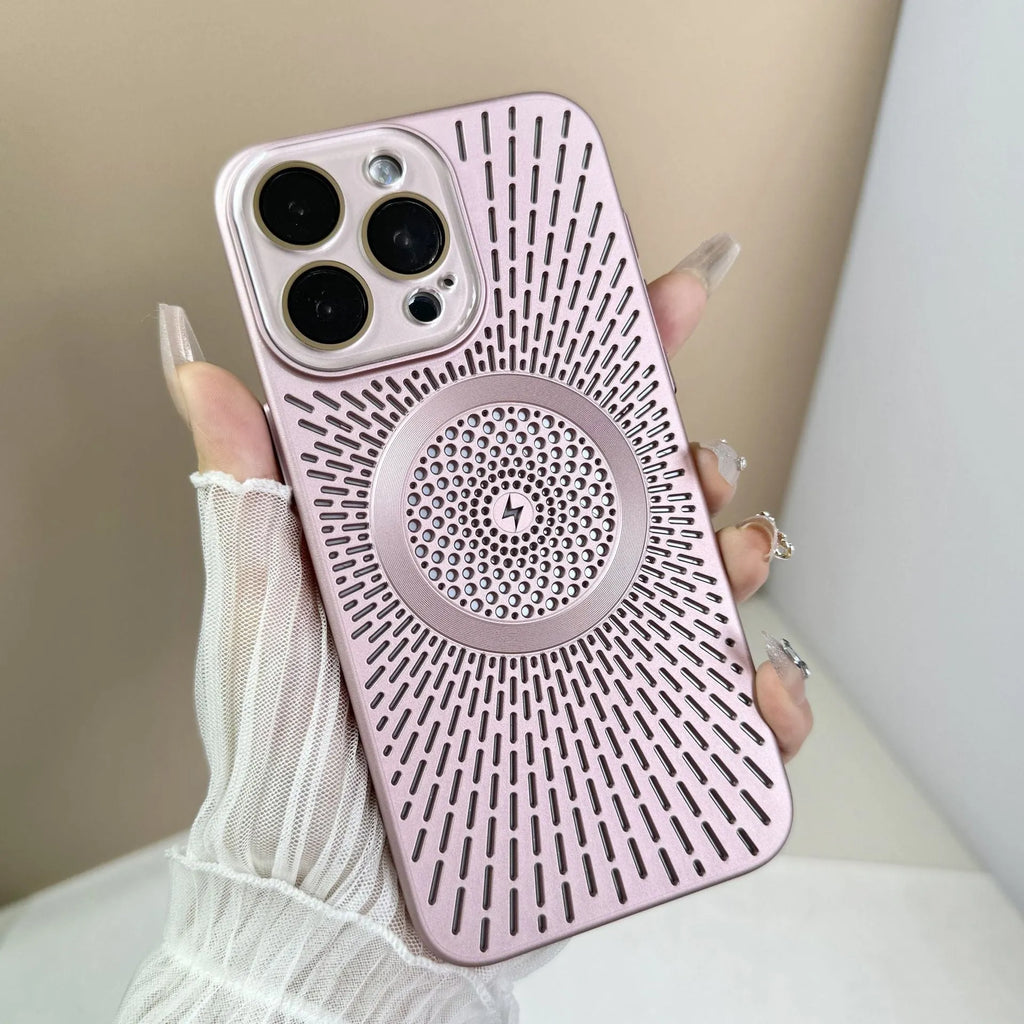 Hollow PC phone case with heat dissipation network and magnetic charging for iPhone, in platinum silver