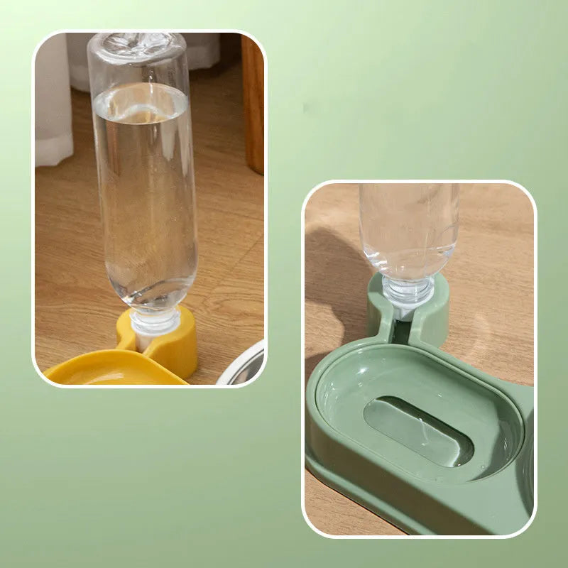 Elevated brown plastic cat food bowl with attached water bottle dispenser