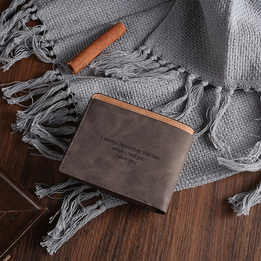 Coffee brown horizontal PU leather wallet with personalised photo engraving on the front, showing seven card slots inside.