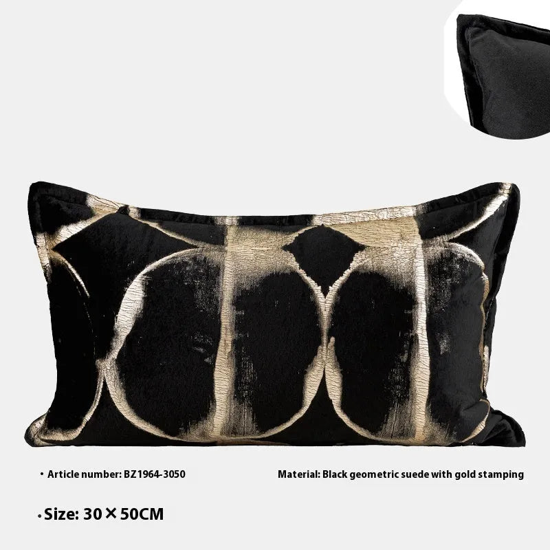 Black gold abstract flannel pillow with bronzed full moon pattern available in square and waist sizes