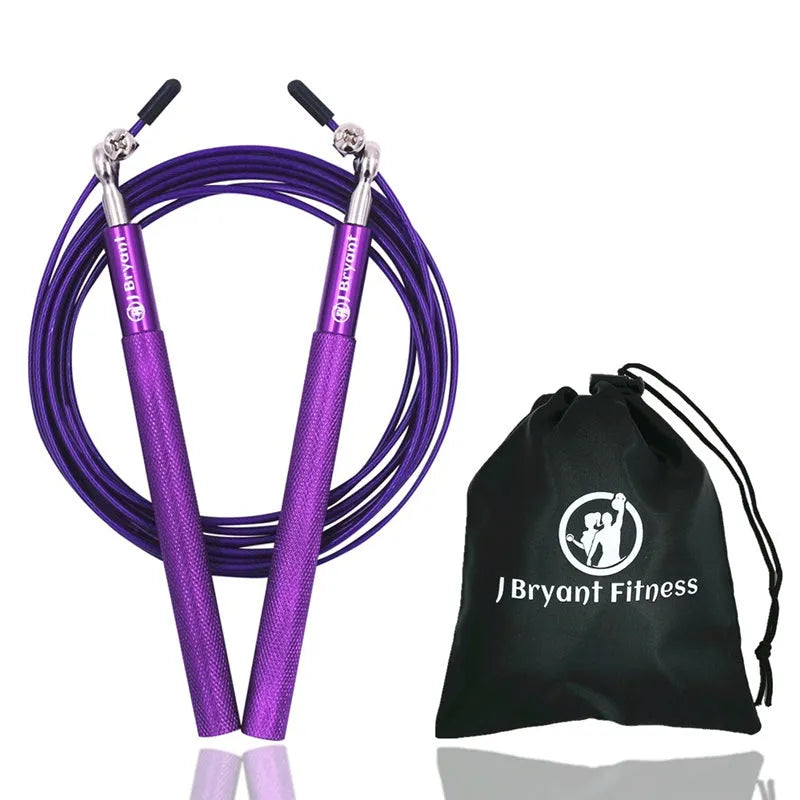 Crossfit speed jump rope with aluminum handle, wire cable, spare cable, and carrying bag in black