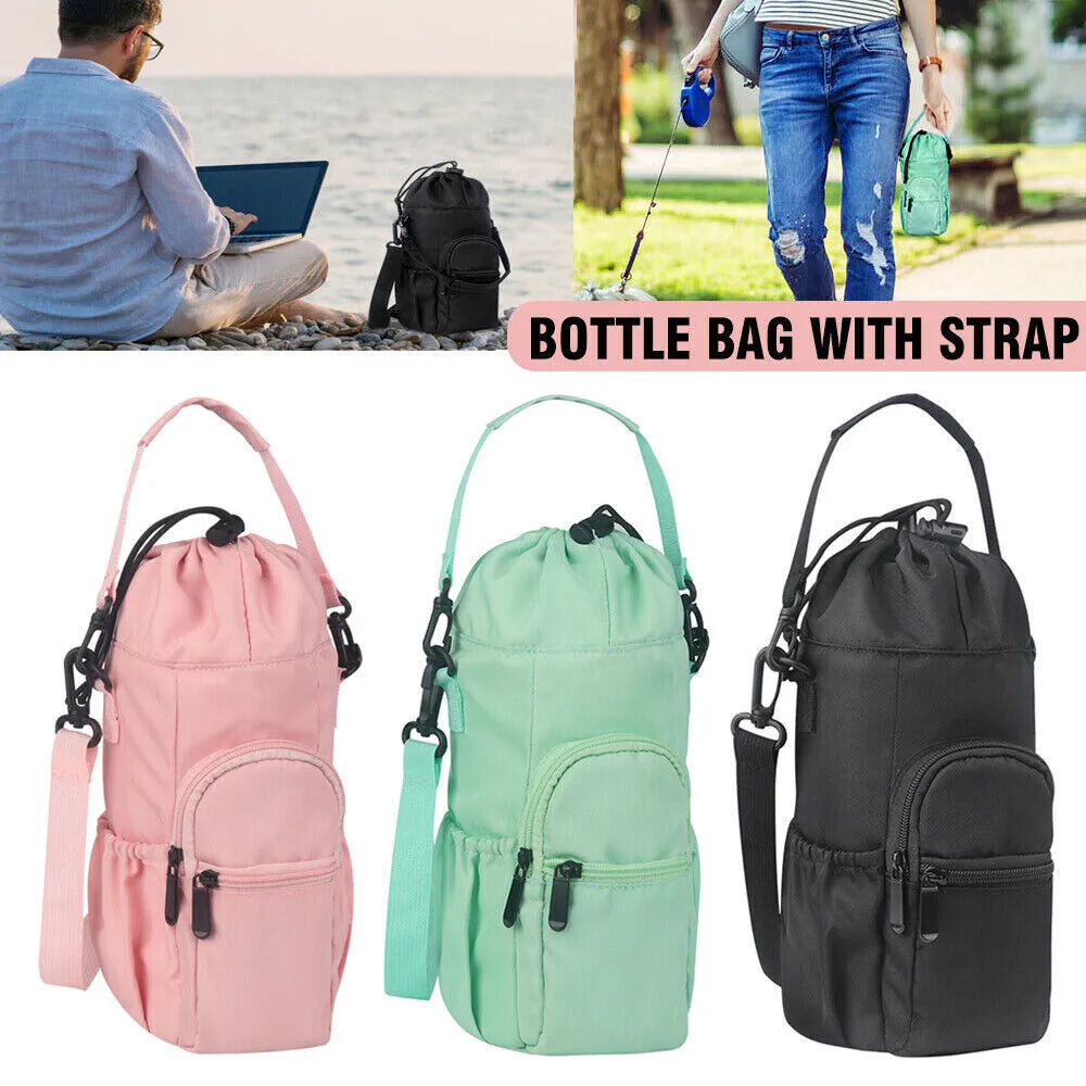 Cloth crossbody water bottle pouch in black, green, or pink colour options