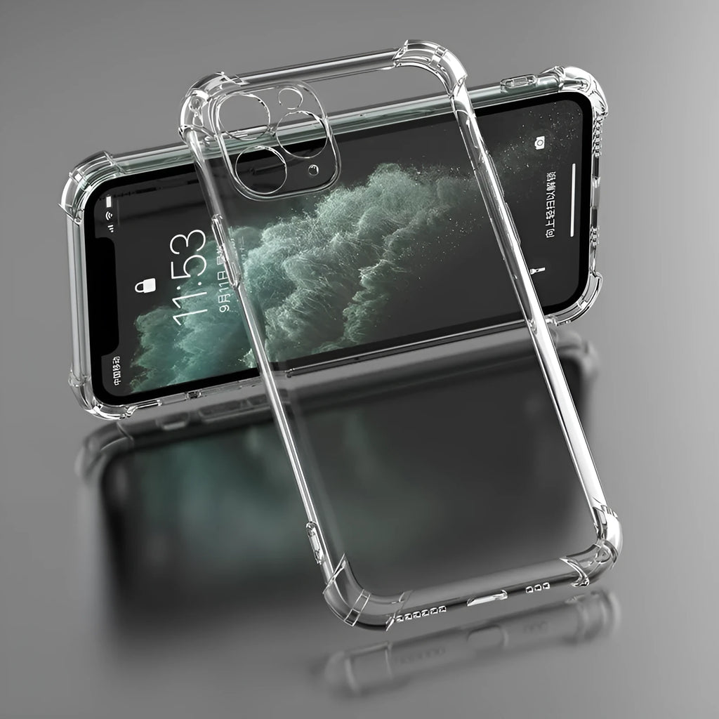 Transparent shockproof TPU case for multiple iPhone models on a smartphone