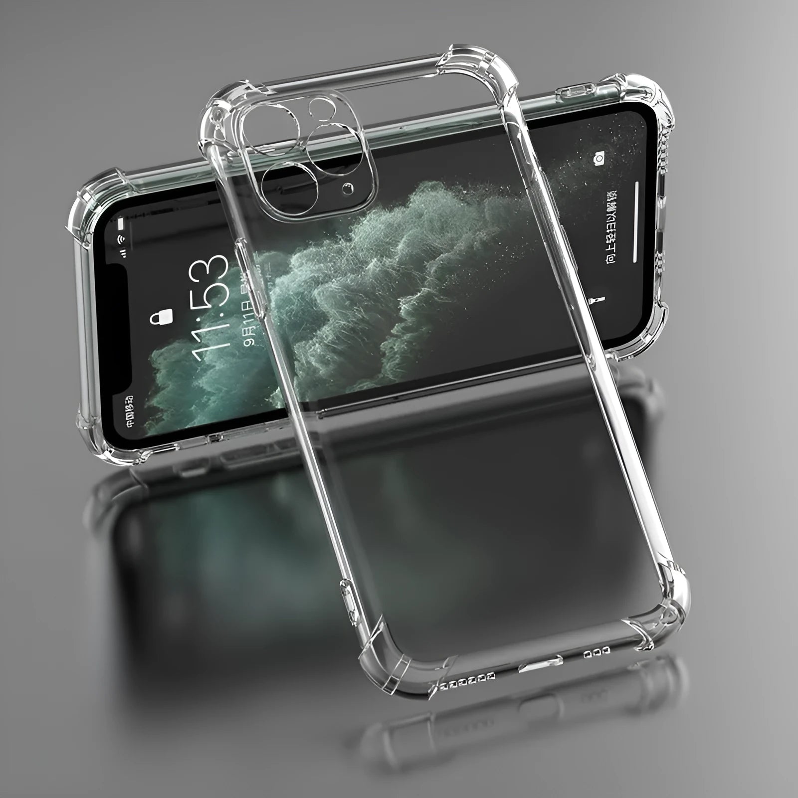 Transparent shockproof TPU case for multiple iPhone models on a smartphone