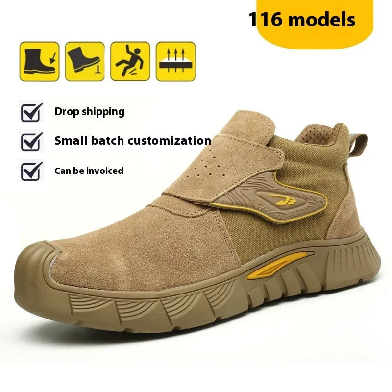 High-top black steel toe cap electric welding work shoes with lace-up front.