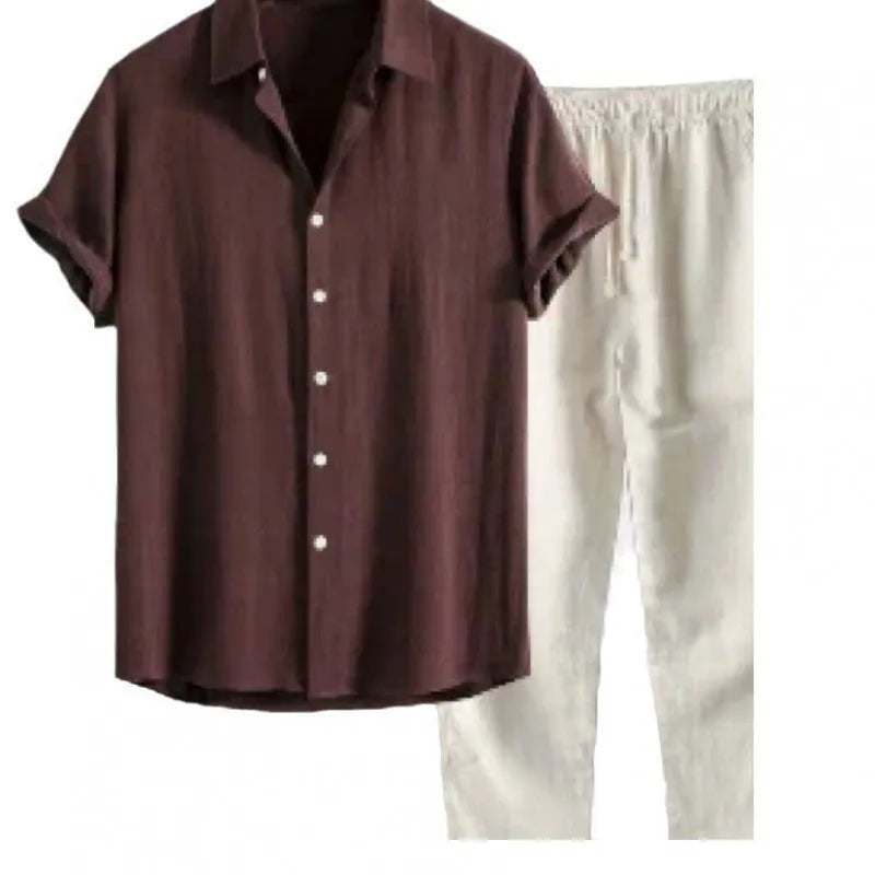 Men's casual linen-look polyester shirt and pants set in various colours, showing loose fit and coordinated styling