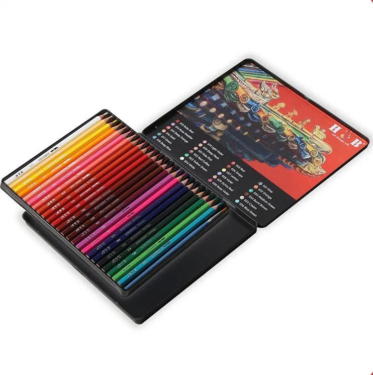Water-soluble coloured pencils in 24 colours inside a brush iron metal box