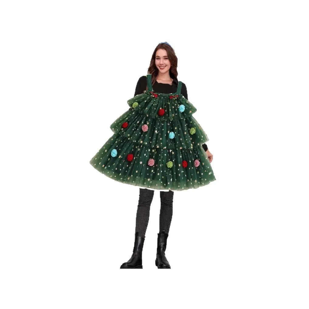 Green polka dot Christmas tree pattern suspender dress with multi-layer tiered skirt