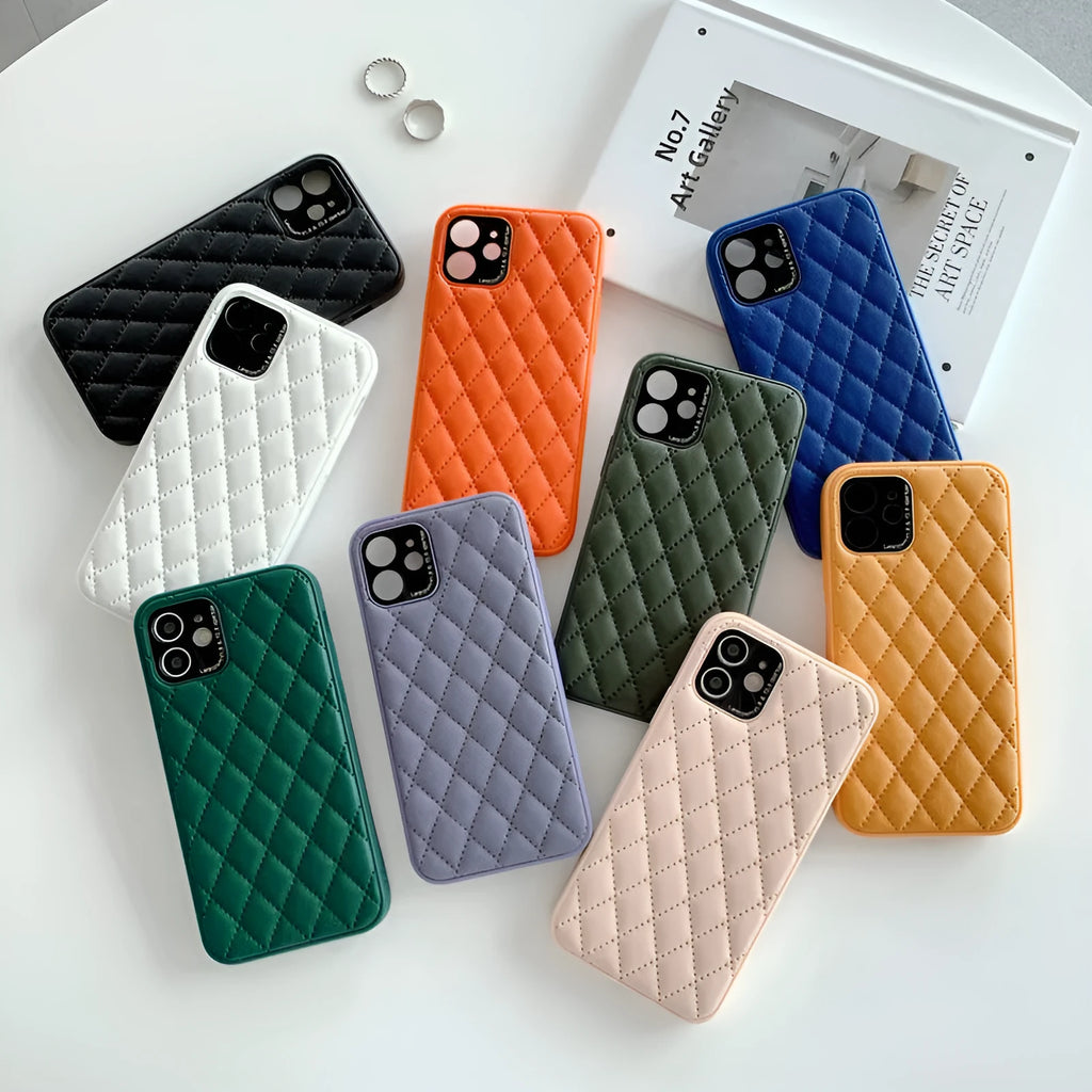Solid colour diamond plaid imitation leather phone case for iPhone with textured lambskin finish