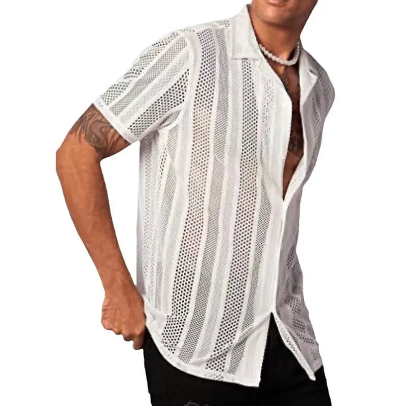 Men's black knitted short-sleeved button cardigan shirt with jacquard texture on a hanger.