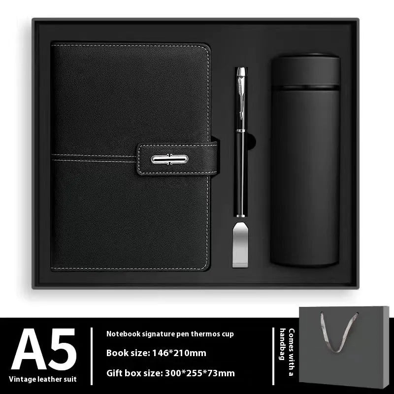 A5 notebook with PU leather cover in one of six colour options, showing wood-free paper inside.
