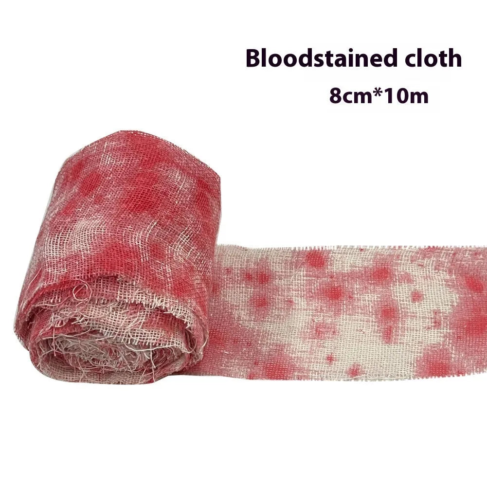 A roll of 8cm wide bloody red polyester Halloween bandage for costume wrapping.