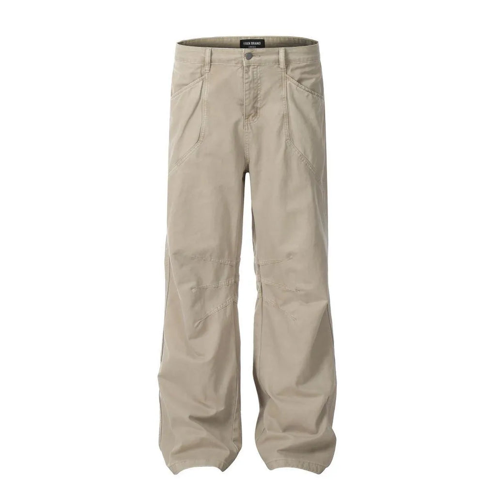 Men's loose straight leg high waist cotton trousers in brown and light khaki with zipper fly