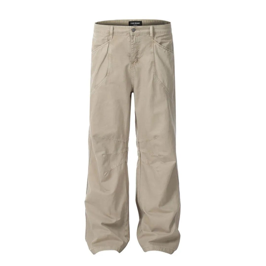 Men's loose straight leg high waist cotton trousers in brown and light khaki with zipper fly