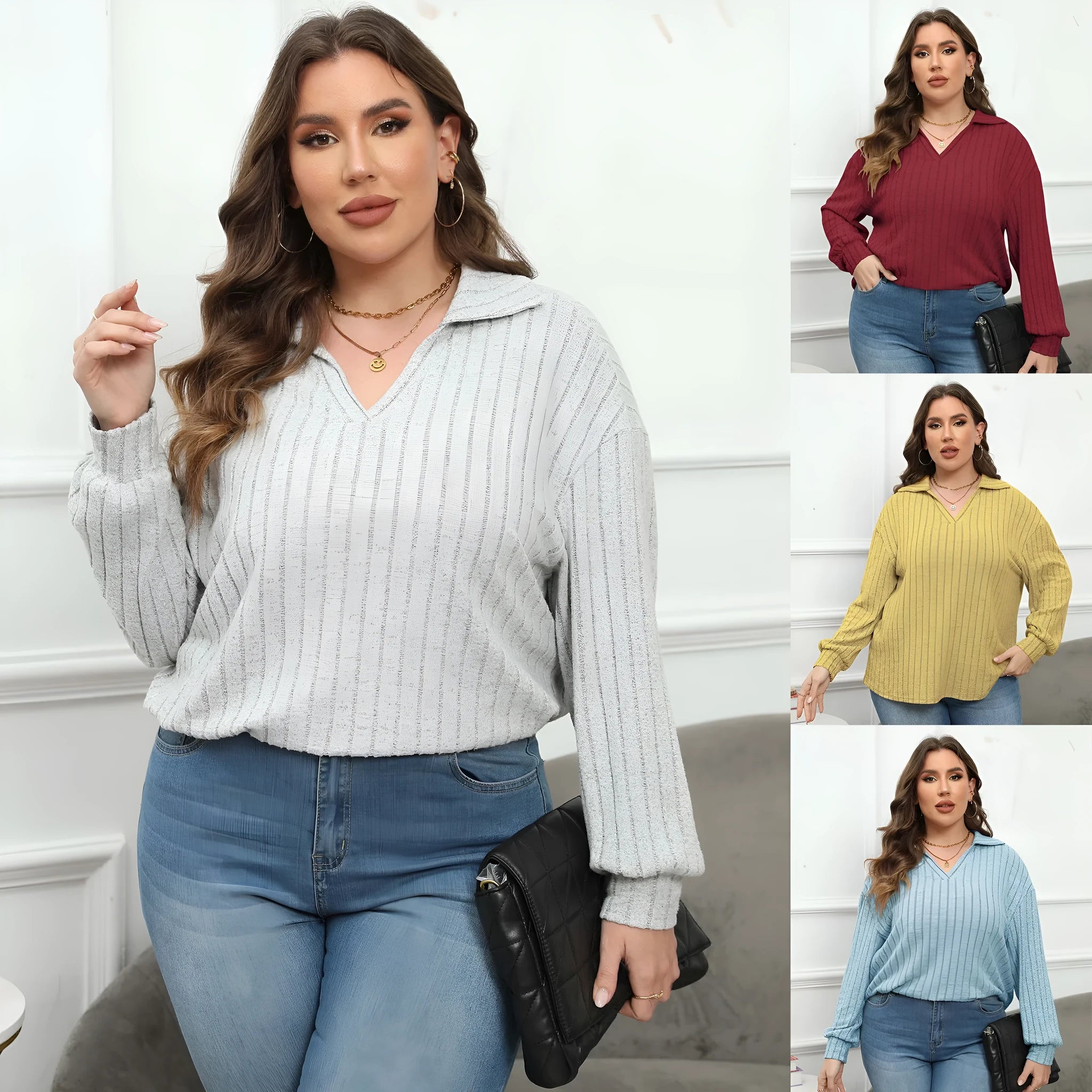 Women's plus size polo collar polar fleece shirt with lantern sleeves in melange gray fabric