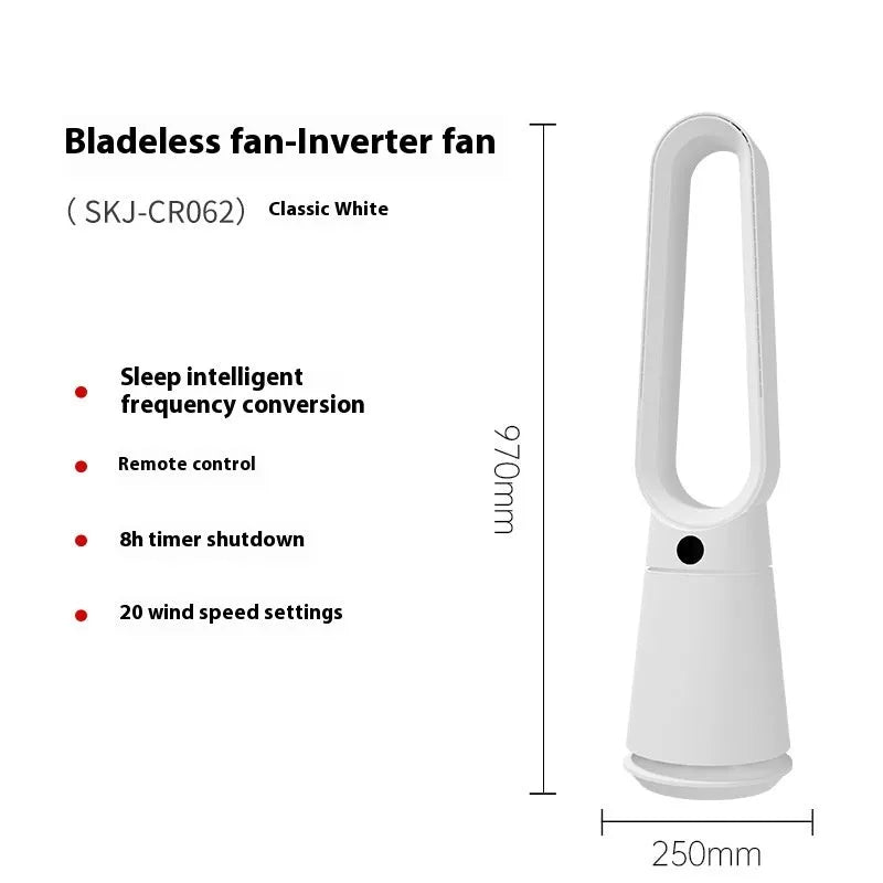 SK bladeless tower fan in white colour with remote control on wooden floor