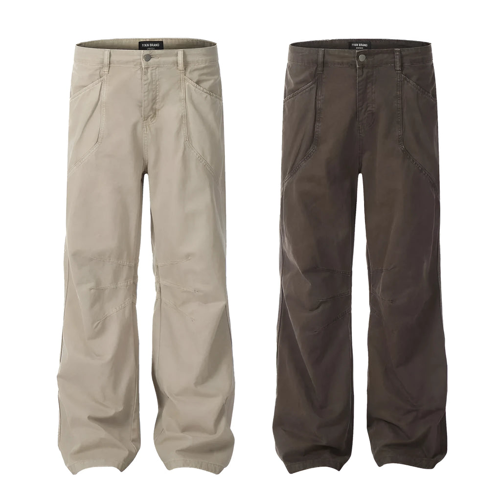 Men's loose straight leg high waist cotton trousers in brown and light khaki with zipper fly