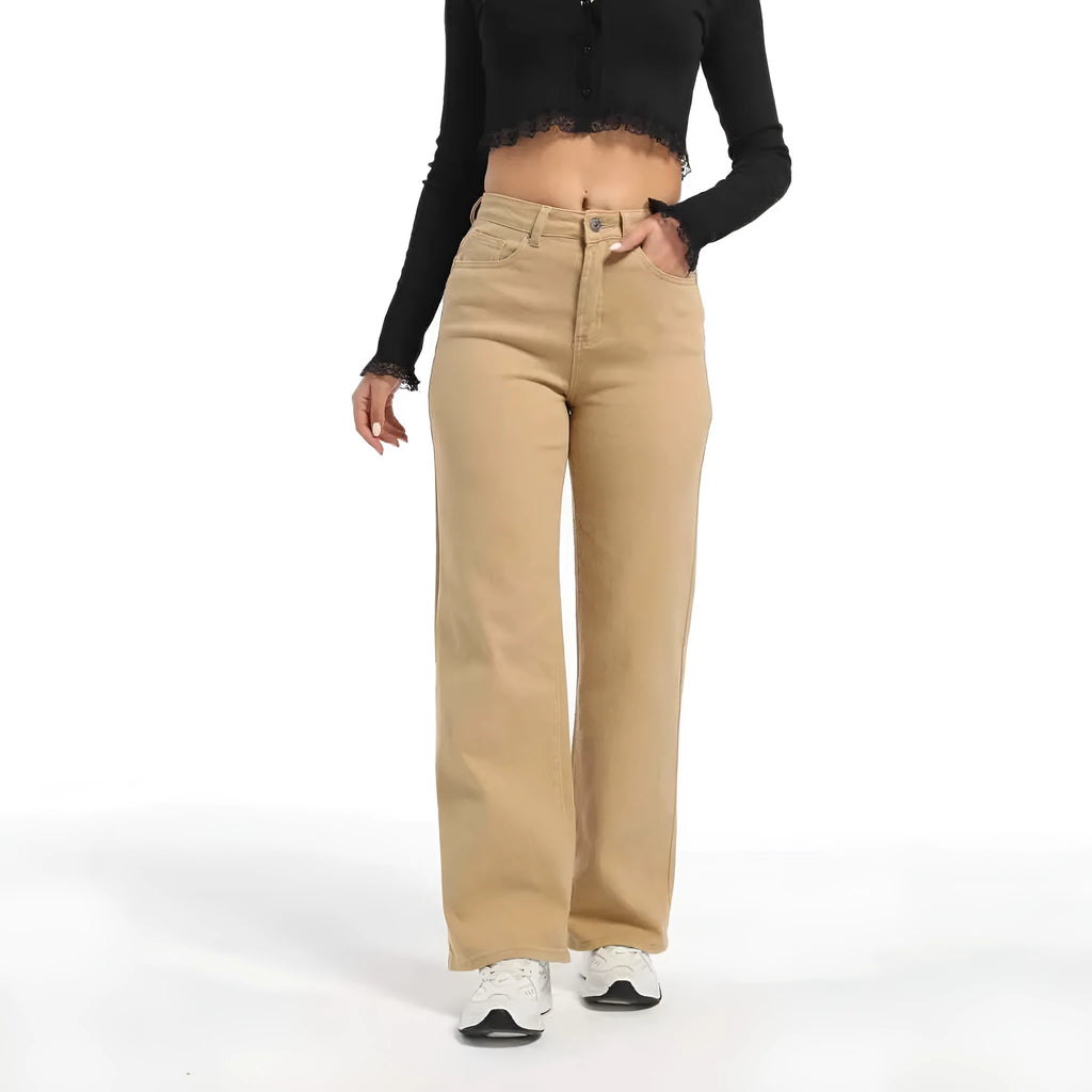 Women's high waist wide leg autumn jeans in apricot and khaki cotton