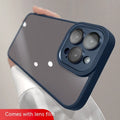 Transparent acrylic phone case with lens protector for iPhone, showing drop-resistant design and multiple colour options including navy blue and starlight white.