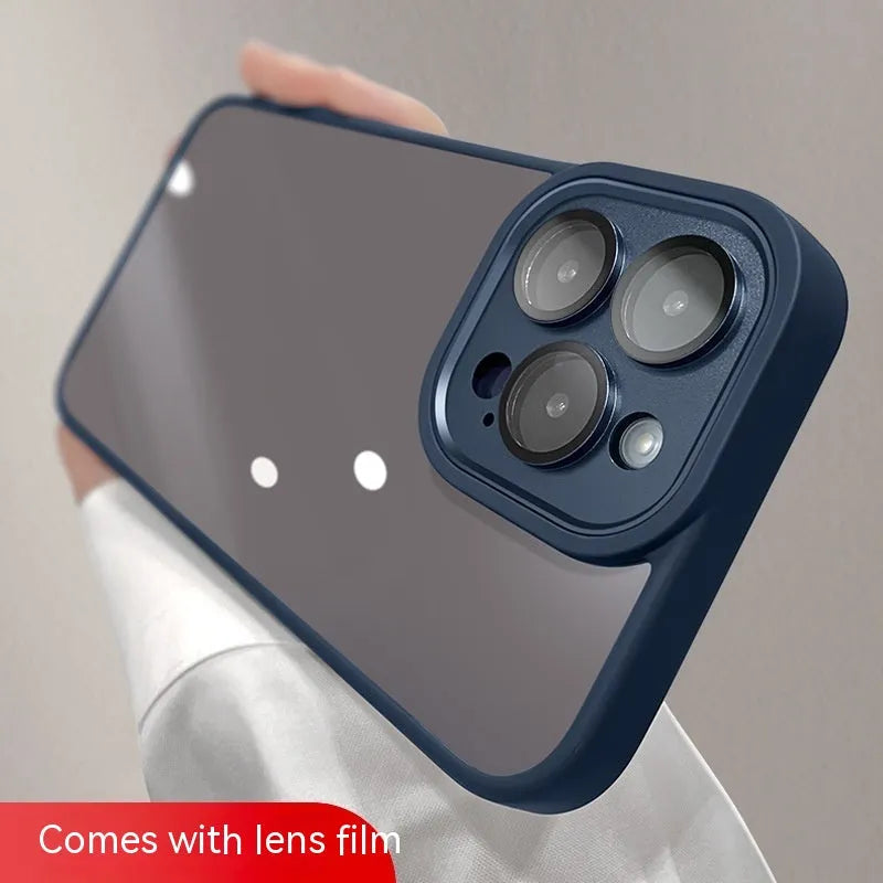 Transparent acrylic phone case with lens protector for iPhone, showing drop-resistant design and multiple colour options including navy blue and starlight white.