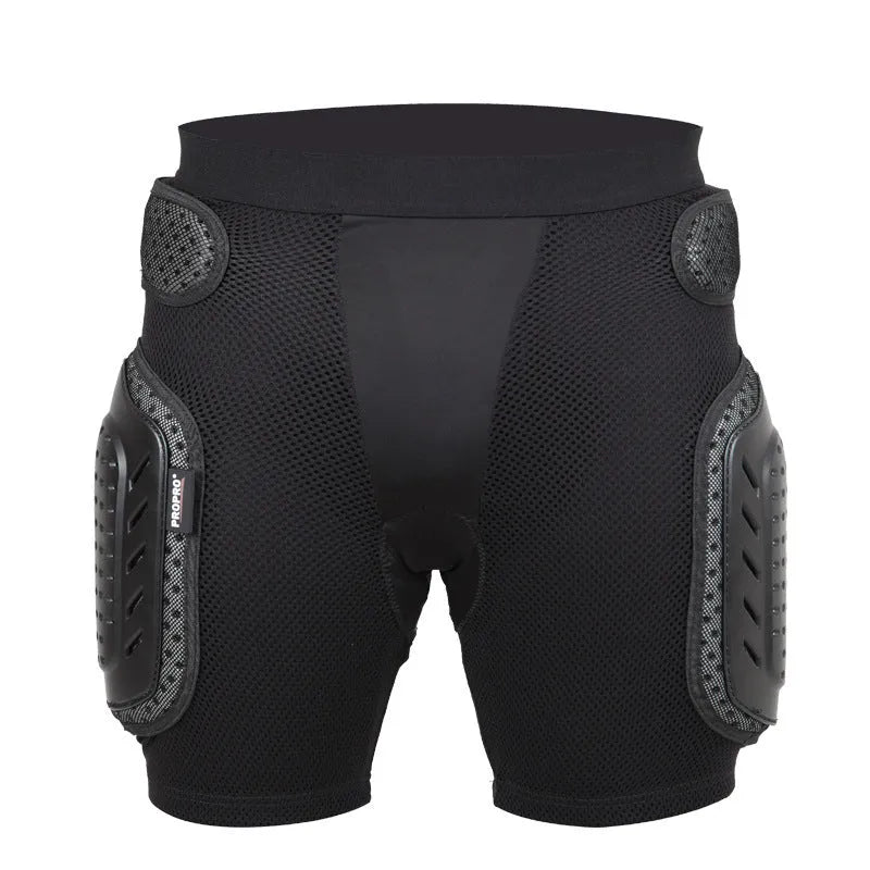 Black cycling hip protection pants showing hip padding areas and four size options