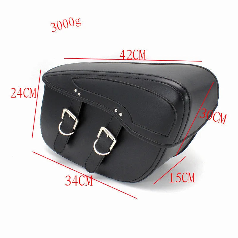 Black PU leather motorcycle saddle bag with retro styling and side box design showing dimensions