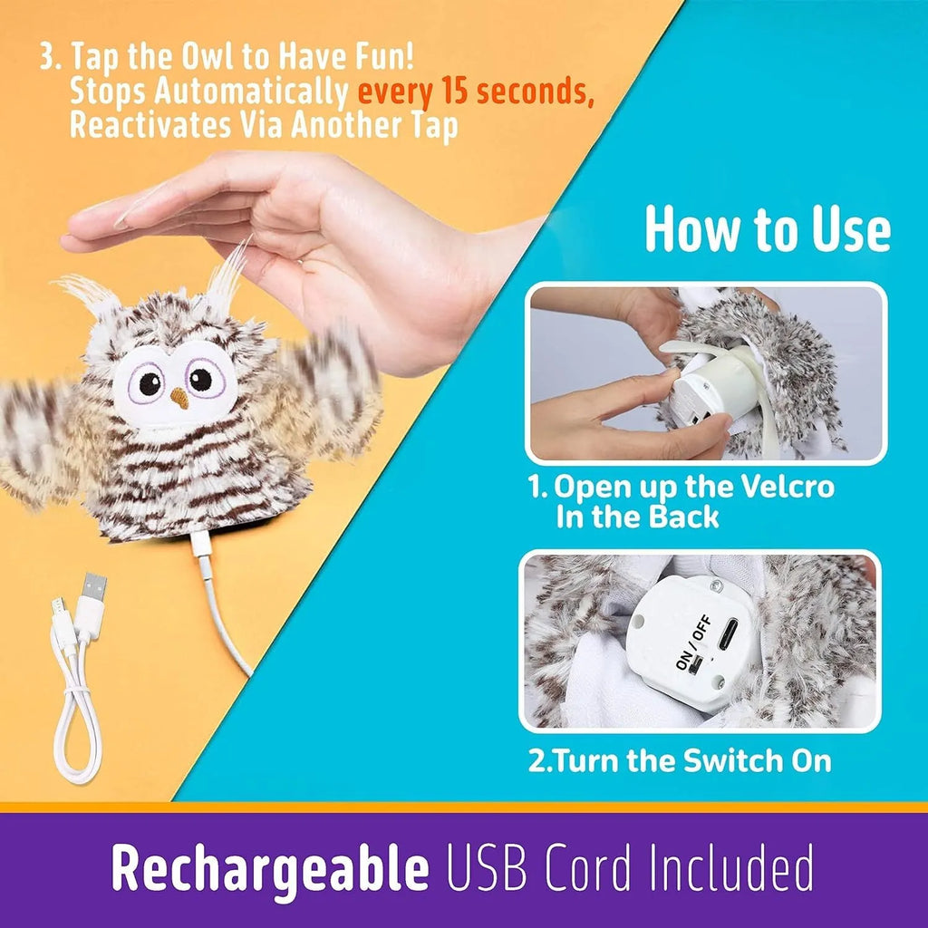 Grey automatic chirping owl cat toy with flapping wings on a plain background