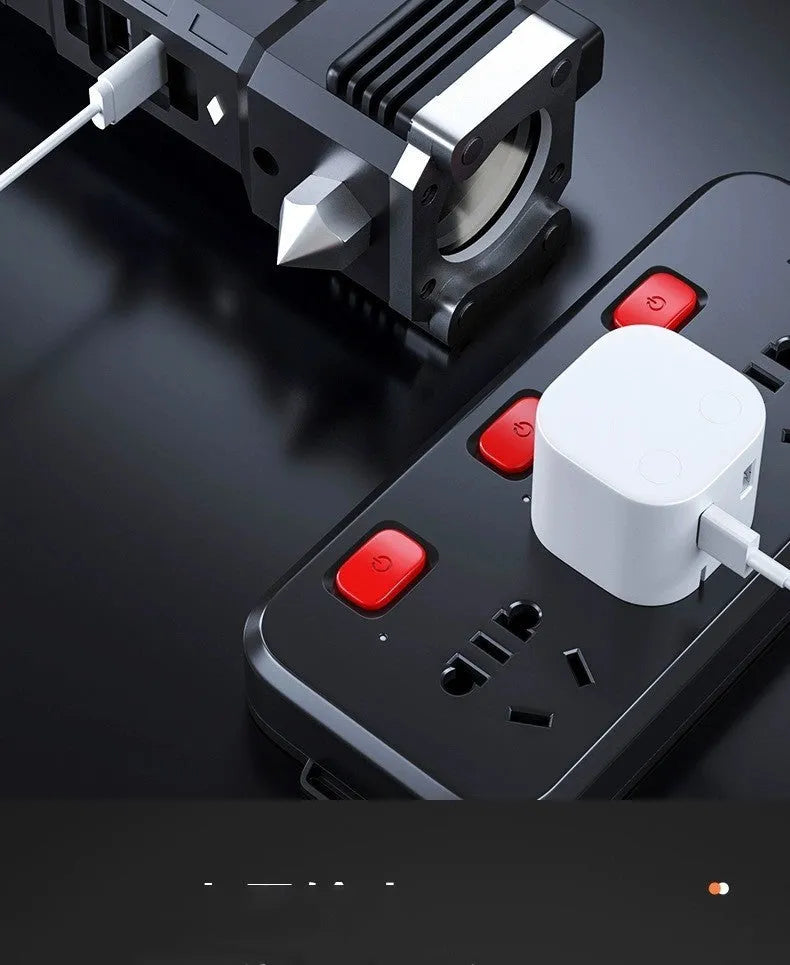 Silver portable LED flashlight with integrated USB power bank charging port.