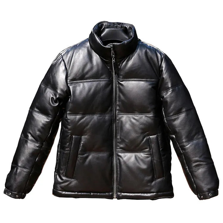 Men's black stand collar sheepskin down leather jacket with white duck down filling, pocket decoration, and cashmere fabric