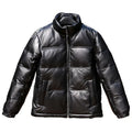 Men's black stand collar sheepskin down leather jacket with white duck down filling, pocket decoration, and cashmere fabric