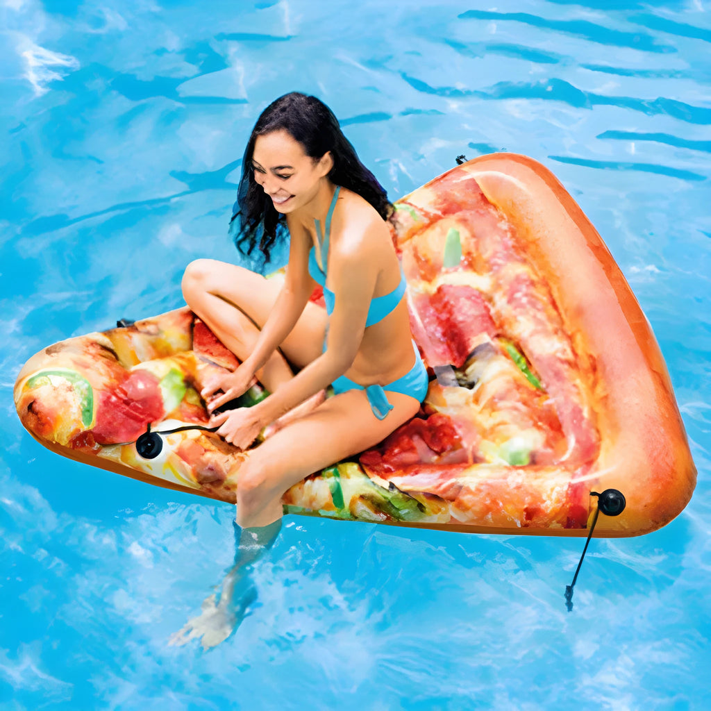 Pizza-themed inflatable surfboard recliner measuring 175cm long for water lounging