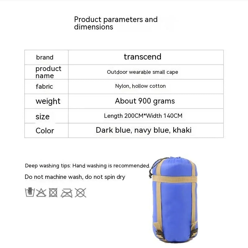 Outdoor cloak sleeping bag in Army Green, convertible to blanket, 200x140cm nylon construction