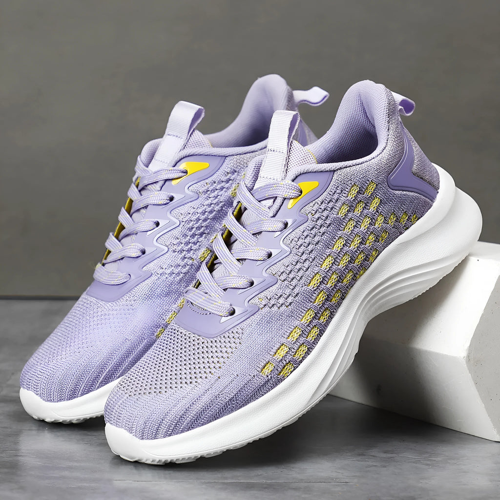 Women's Lavender Purple Flyknit running shoes with striped pattern, mesh upper, and flat EVA sole.