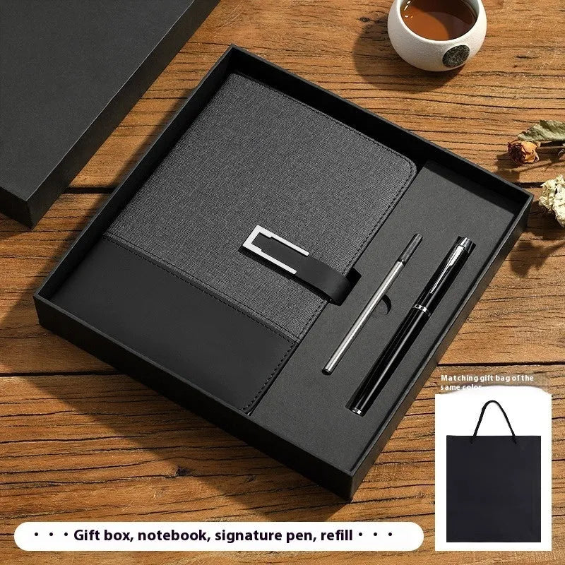 A5 business notebook with PU leather cover in brown, black, green, blue, or red, alongside a luxury gift box.