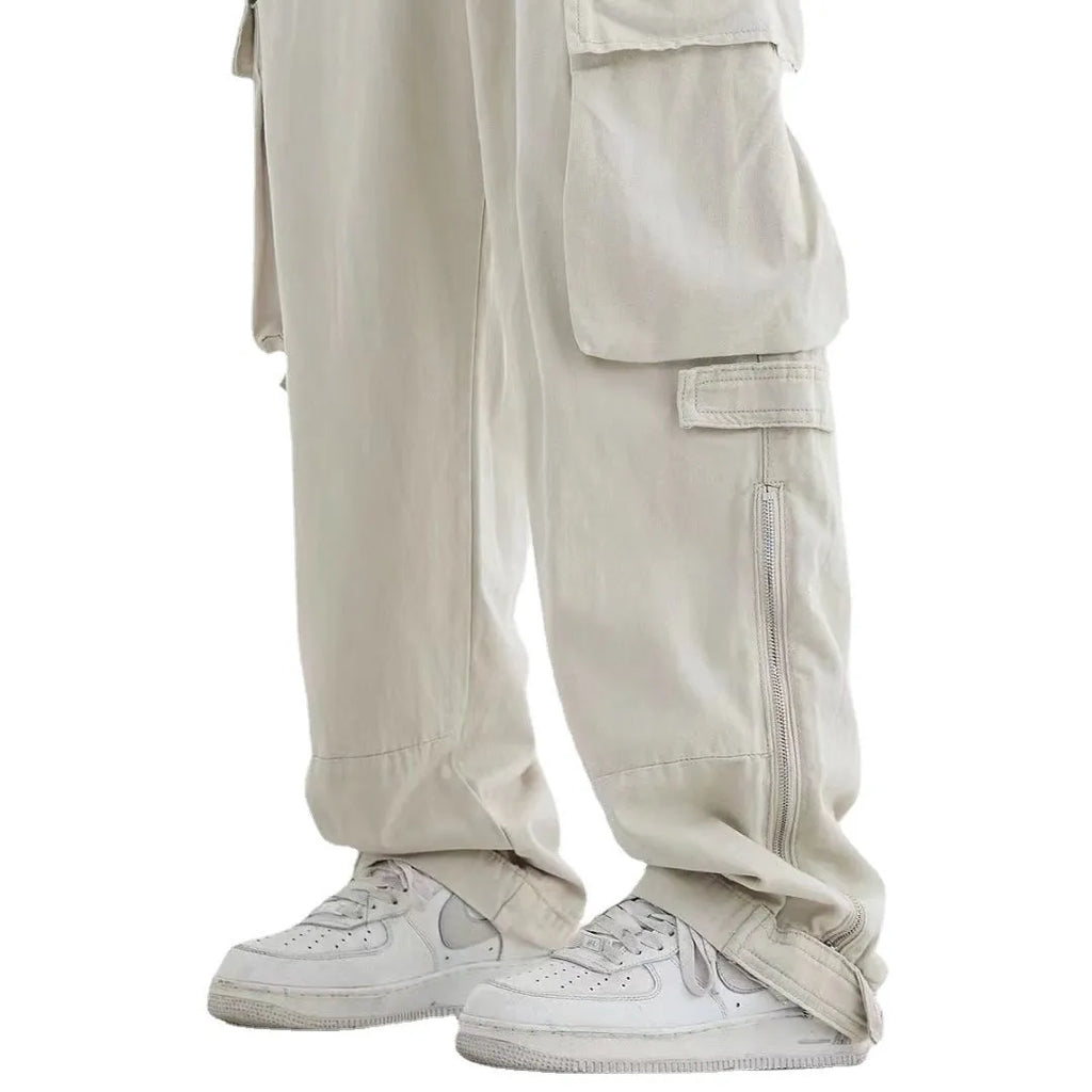 Men's cotton loose straight tube multi pocket cargo pants in Black and Apricot