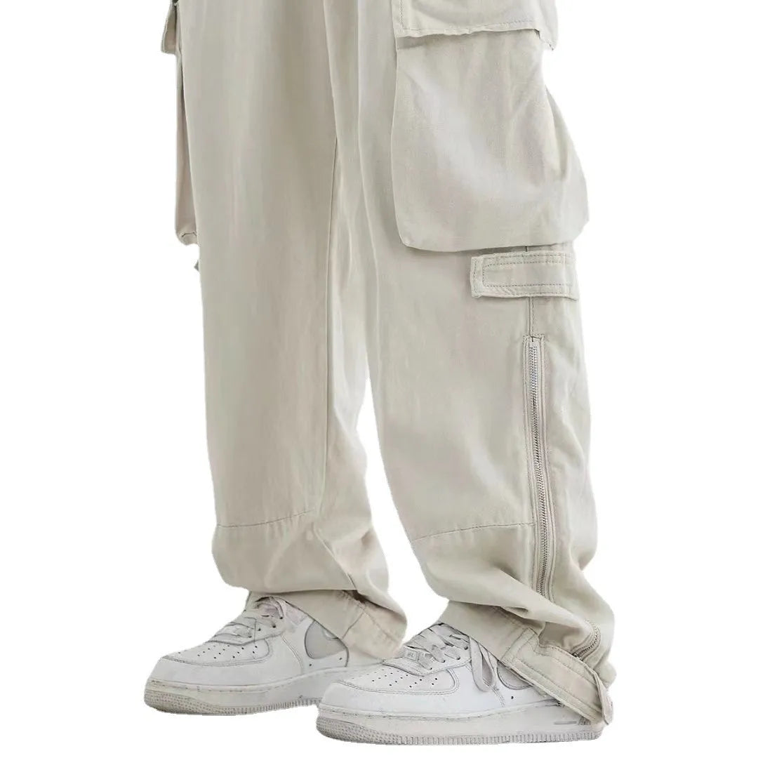 Men's cotton loose straight tube multi pocket cargo pants in Black and Apricot
