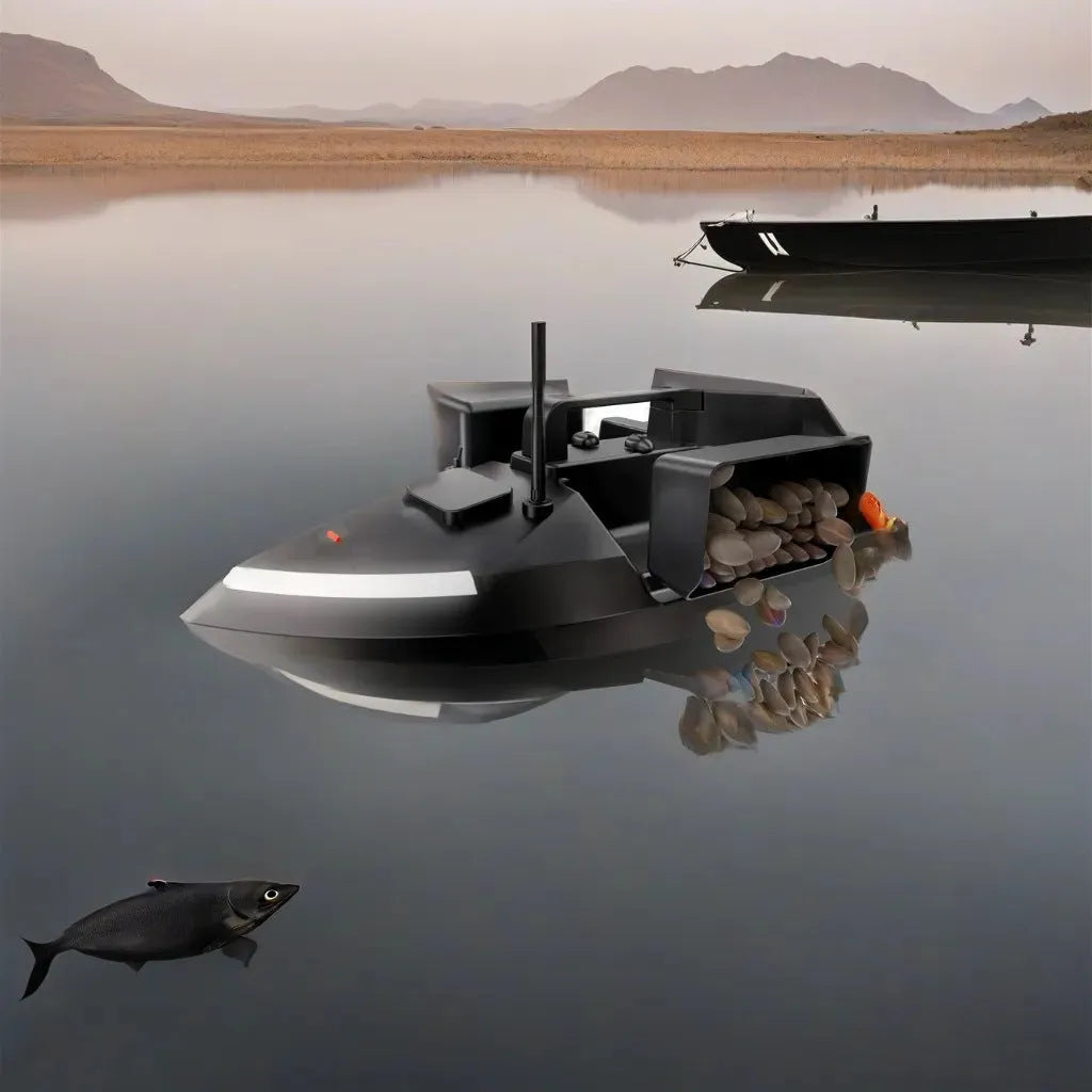 Black remote control fishing boat with GPS antenna on a calm lake, showing remote control.