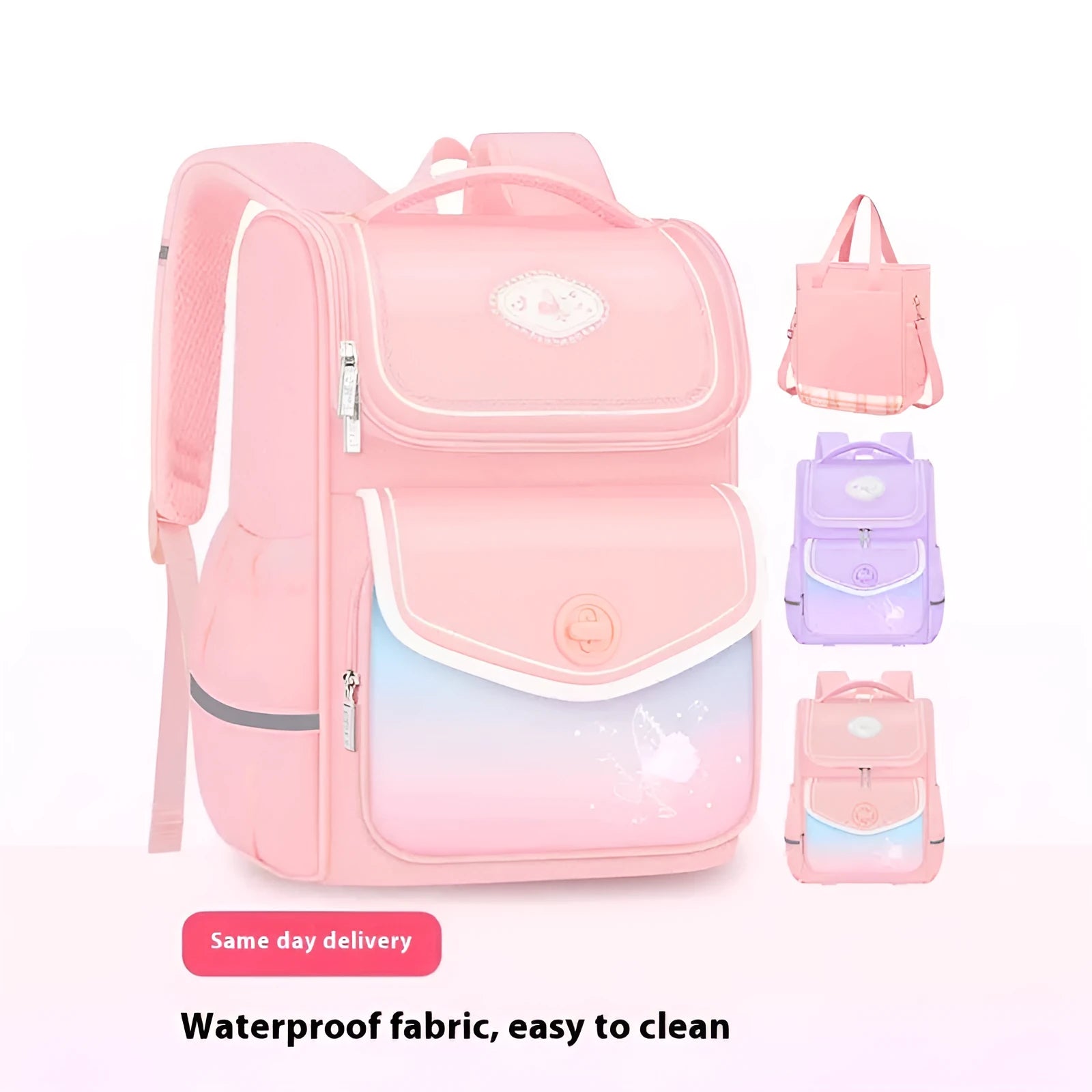 Girls' waterproof school backpack in pink, purple, or green with large capacity for primary school years 1 to 6