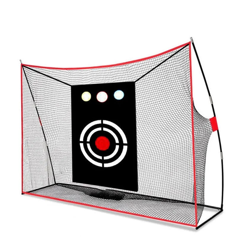 Golf swing wedge training net with 3-hole cross target and straw practice mat