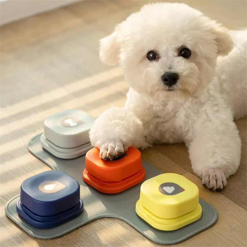 Pet communication button in orange, blue, grey and yellow with mats, 8.5cm ABS plastic recordable dog talking toy
