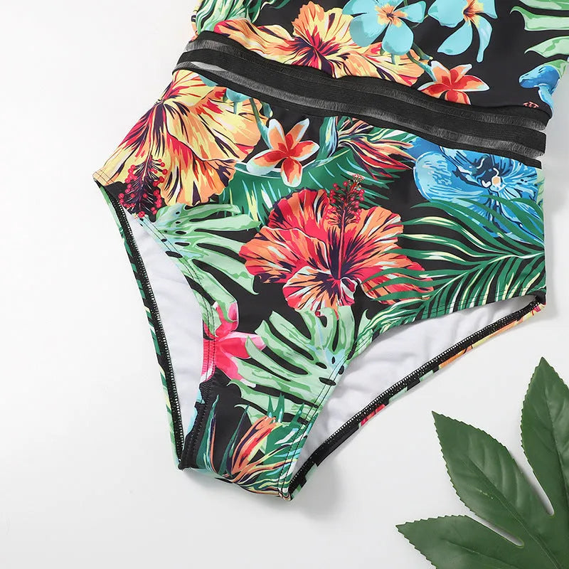 One-piece printed bikini swimsuit in black flower colour with polyester fabric and built-in chest pads