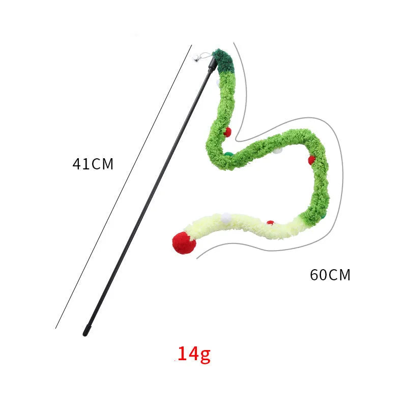Cat wand toy with long plush strip and colourful ball with bells on 41cm pole