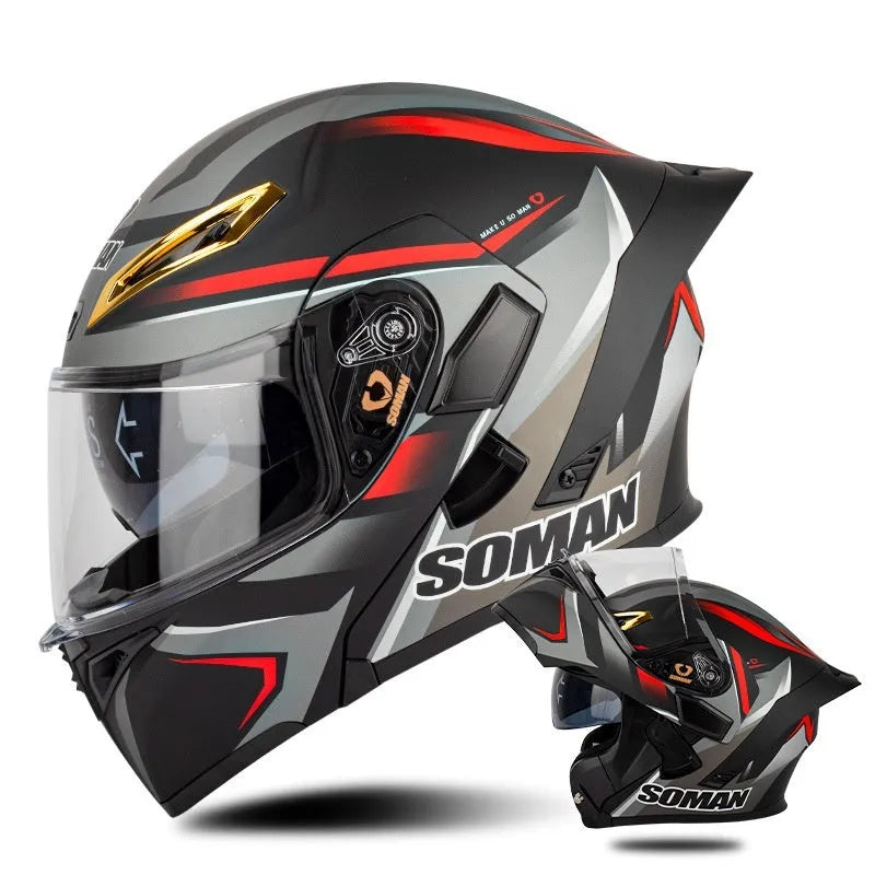 Double lens exposed motorcycle helmet in bright black and green lines with sun visor