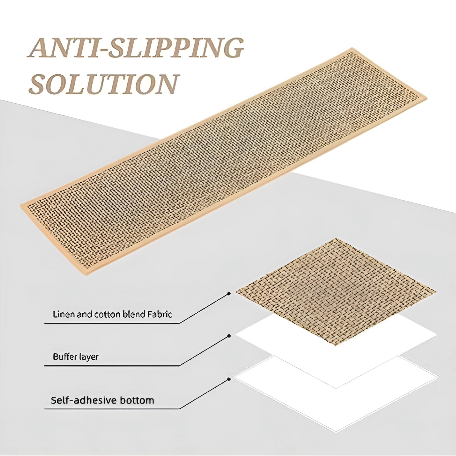 Japanese-style solid-colour linen stair mat with rubber backing on a wooden step.