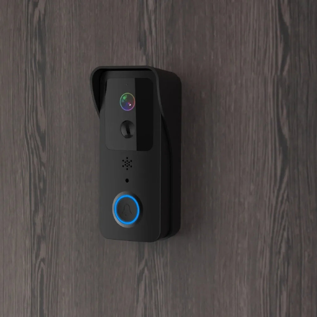 Black or white smart visual doorbell with camera, button, and waterproof casing for outdoor mounting.